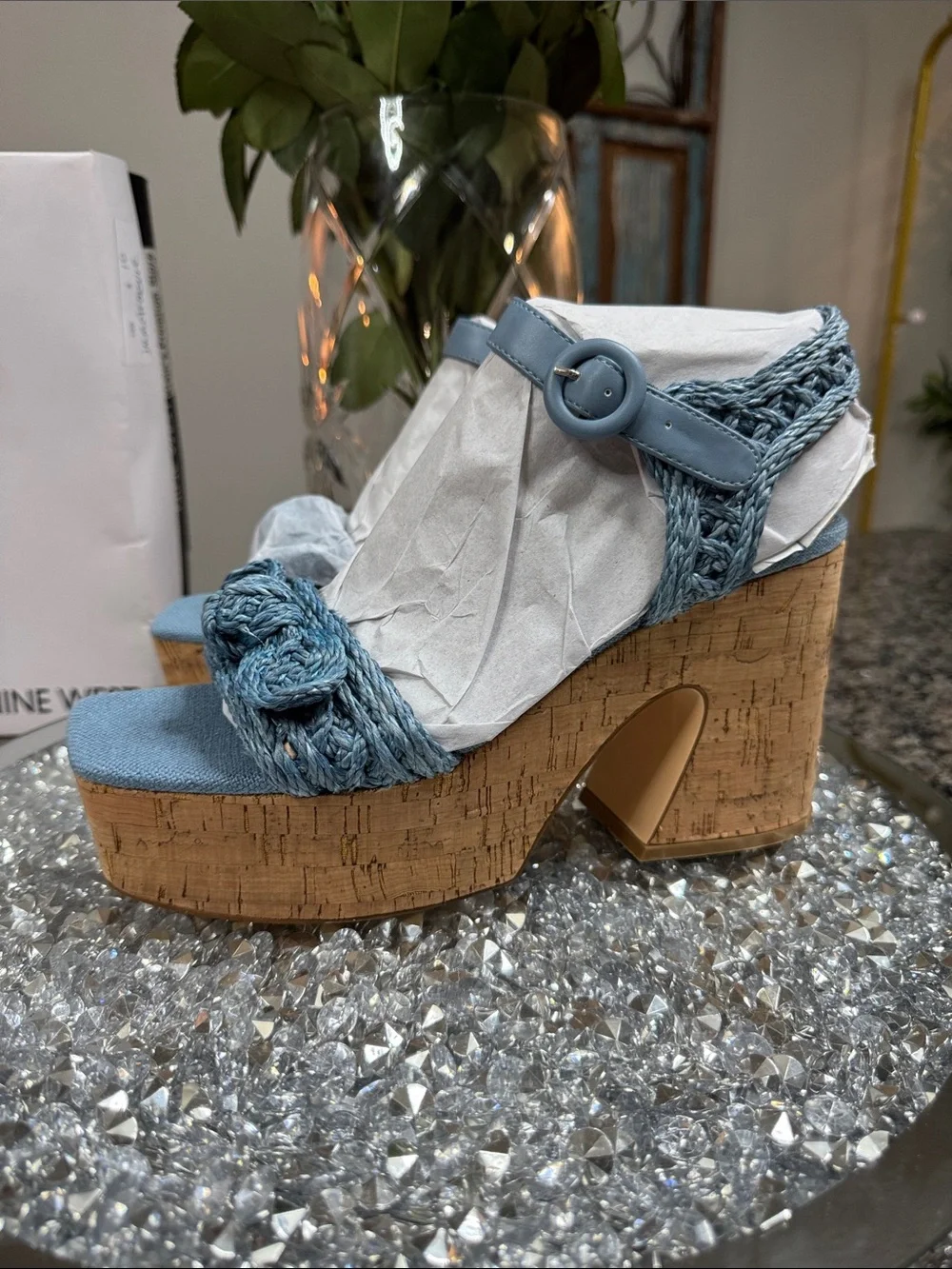Nine West Comiele Light Blue denim Braided Cork Platform SandalsNEW 9